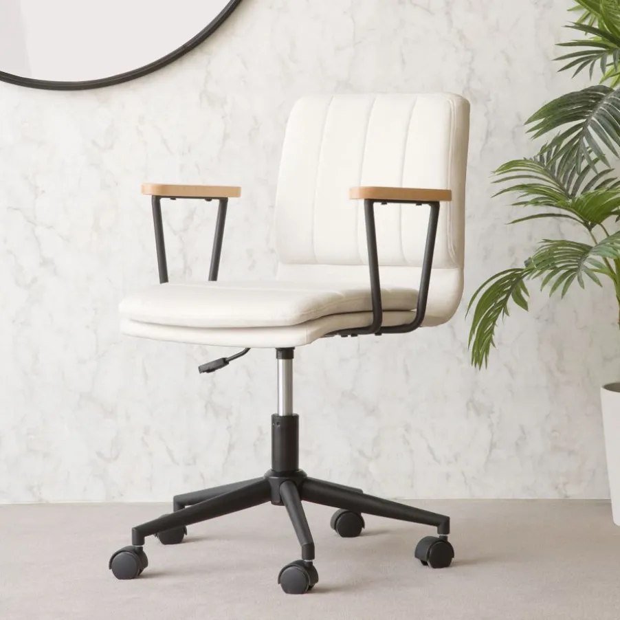 Aiko Chaise de bureau rembourrée beige avec accoudoirs et roulettes