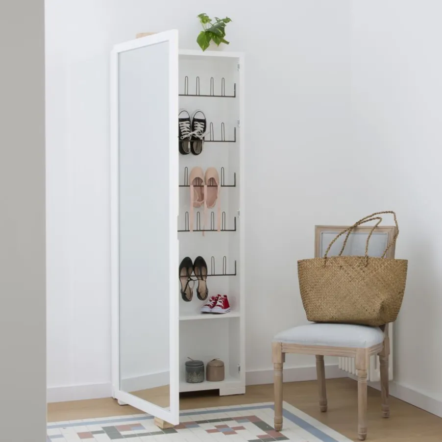 Asue Chaussures étroit en bois laqué blanc avec miroir