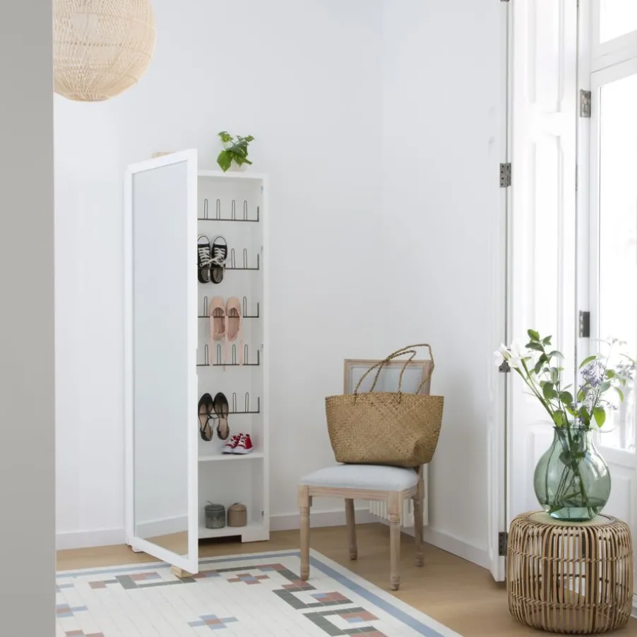 Asue Chaussures étroit en bois laqué blanc avec miroir