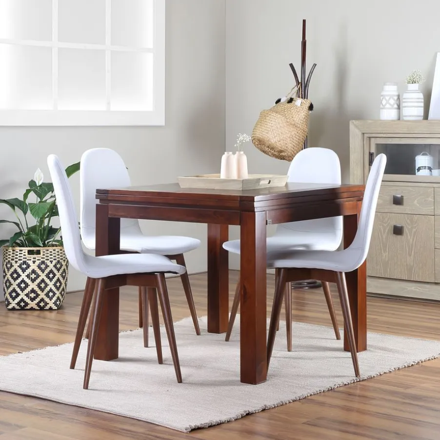 Blay Table à manger carrée extensible 90/180 en bois massif de couleur teck