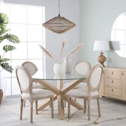 Carot Mesa de comedor de madera maciza natural y cristal redondo de 120 cm