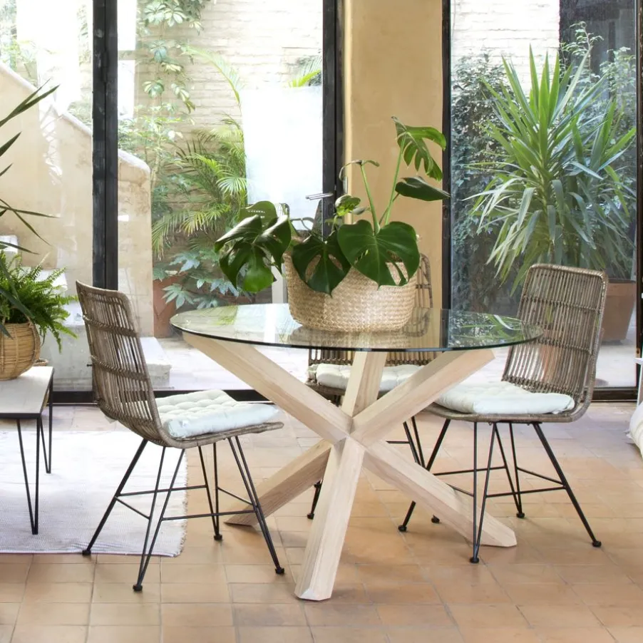 Carot Mesa de comedor de madera maciza natural y cristal redondo de 120 cm