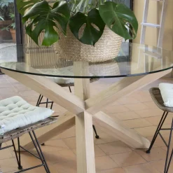 Carot Mesa de comedor de madera maciza natural y cristal redondo de 120 cm