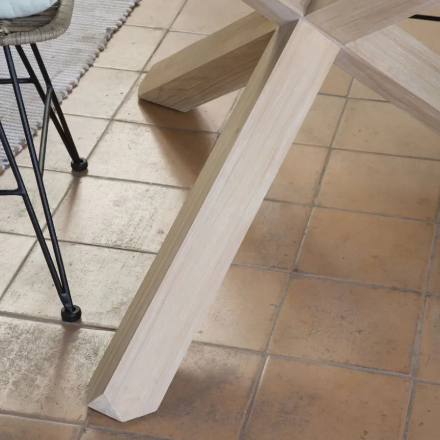 Carot Mesa de comedor de madera maciza natural y cristal redondo de 140 cm