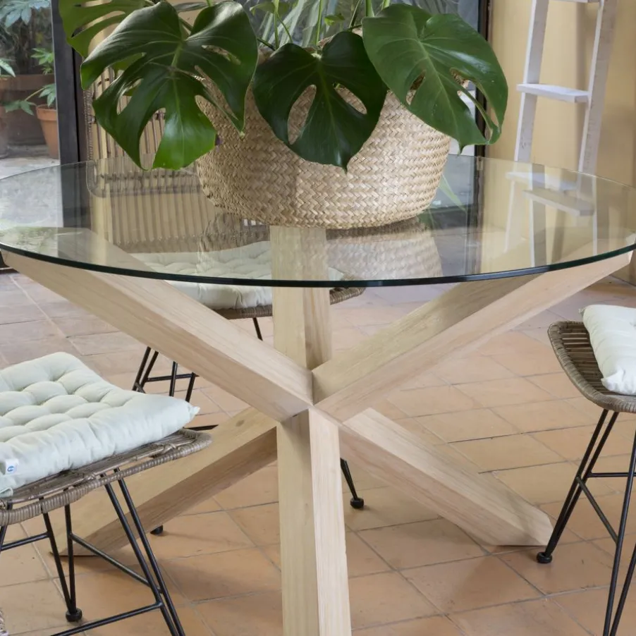Carot Mesa de comedor de madera maciza natural y cristal redondo de 140 cm