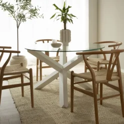 Carot Table &agrave; manger en bois massif laqué blanc et verre rond de 120 cm