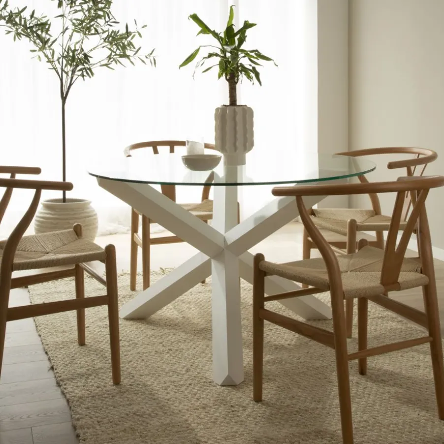 Carot Table à manger en bois massif laqué blanc et verre rond de 120 cm