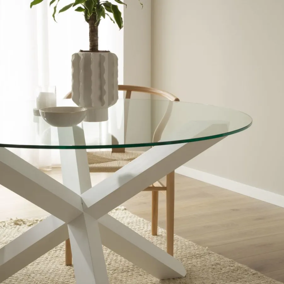 Carot Table à manger en bois massif laqué blanc et verre rond de 120 cm