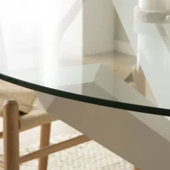 Carot Table à manger en bois massif laqué blanc et verre rond de 120 cm
