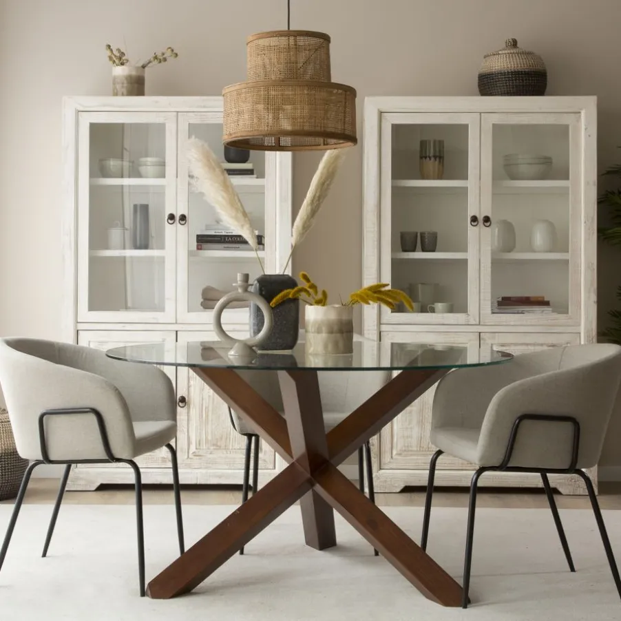 Carot Table à manger en bois massif teck et verre rond de 120 cm