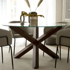 Carot Table à manger en bois massif teck et verre rond de 120 cm
