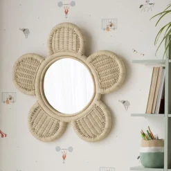 Fleur Miroir mural rond en forme de fleur en rotin naturel