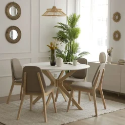 Gales Mesa de comedor redonda de madera color blanco y natural