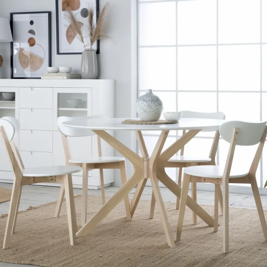 Gales Mesa de comedor redonda de madera color blanco y natural