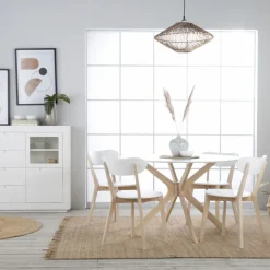 Gales Mesa de comedor redonda de madera color blanco y natural