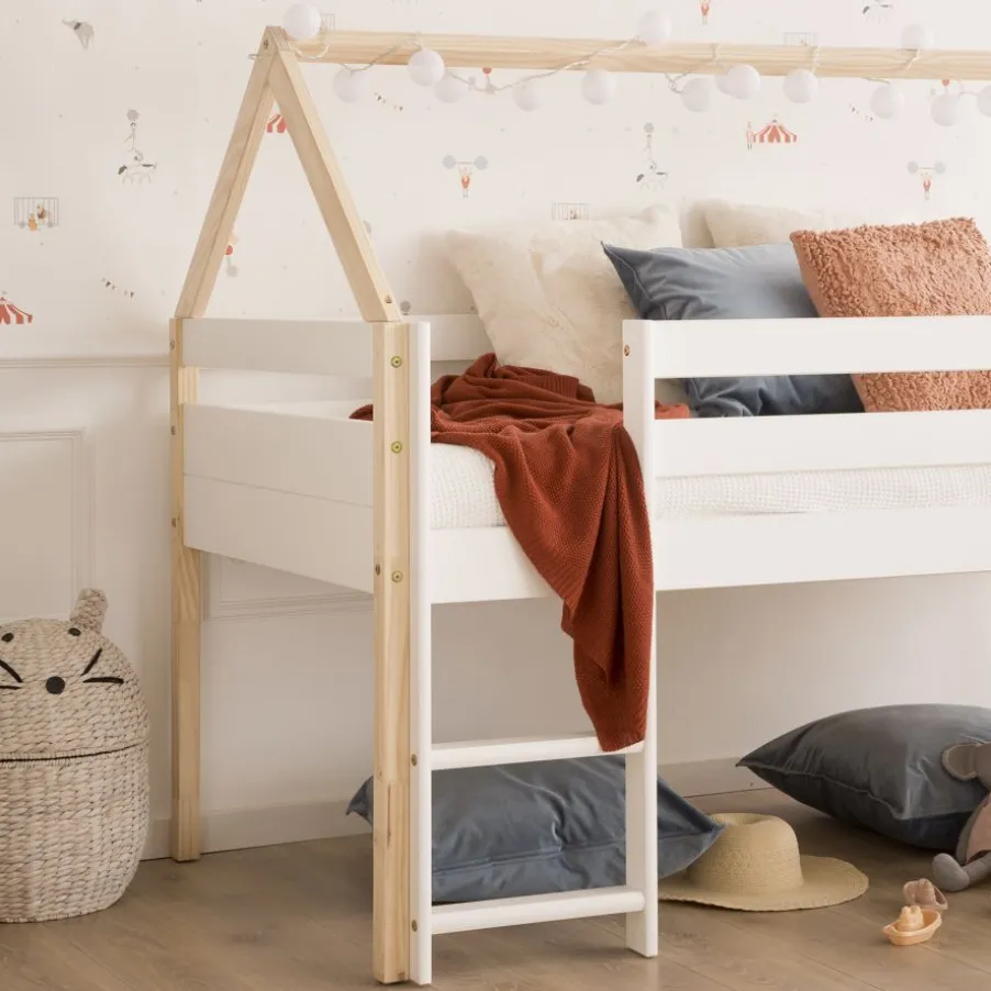 Haus Cama alta con tobogán para colchón de 90x190 lacada en blanco y natural