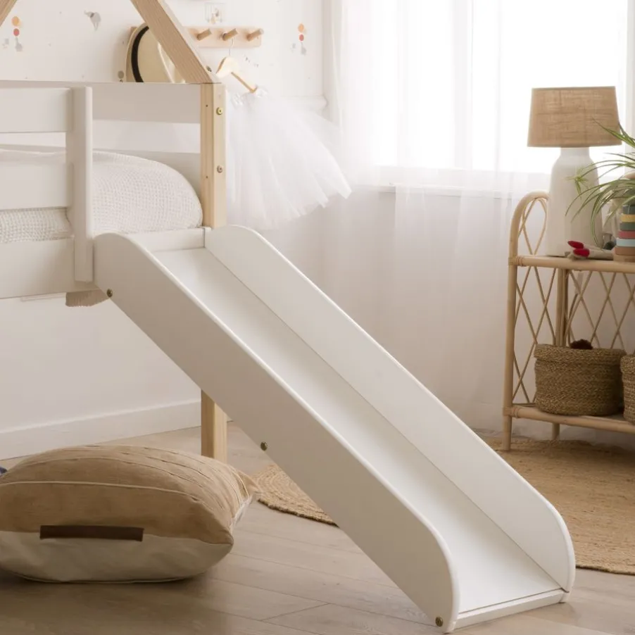Haus Cama alta con tobogán para colchón de 90x190 lacada en blanco y natural