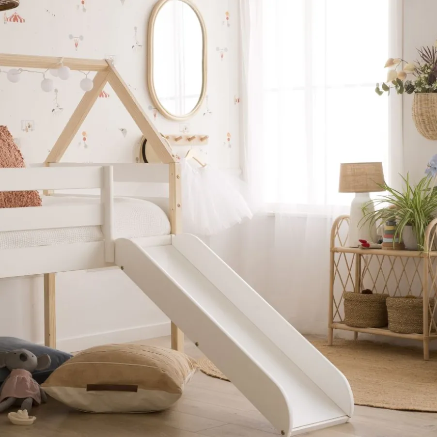 Haus Cama alta con tobogán para colchón de 90x190 lacada en blanco y natural