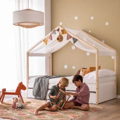 Haus Cama con forma de casa y somier de arrastre para colchón de 90x190 lacada e