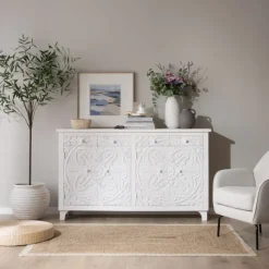 Indira Meuble buffet en bois massif blanc sculpté de manguier