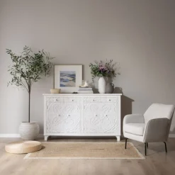 Indira Meuble buffet en bois massif blanc sculpté de manguier