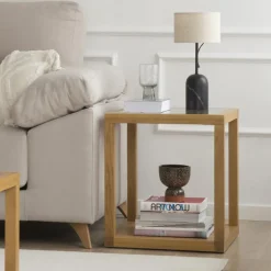 Juliet Table d'appoint en bois et verre couleur chêne naturel