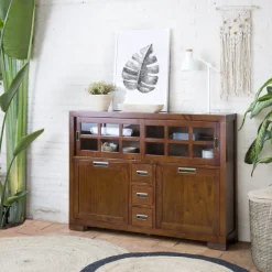 Kenia Vitrine étroite en bois de teck de 145 cm