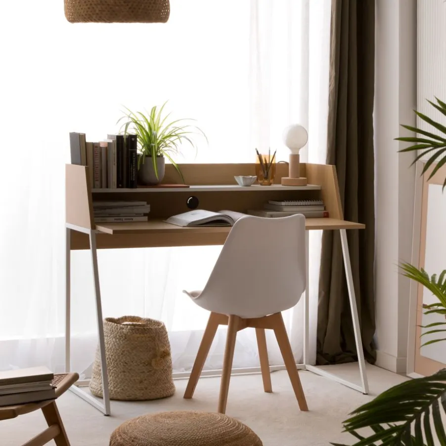 Matisse Bureau en chêne clair et métal blanc avec étagère