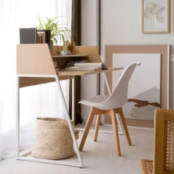 Matisse Bureau en chêne clair et métal blanc avec étagère