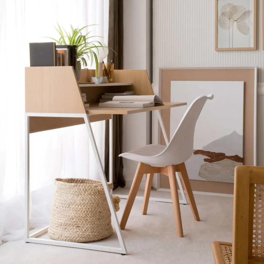 Matisse Bureau en chêne clair et métal blanc avec étagère