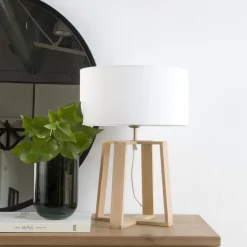 Neil Lampe table base bois abat-jour blanc