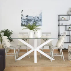 Nurma Table &agrave; manger en bois laqué blanc et verre de 160x95