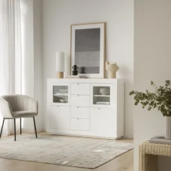Sisal Buffet étroit en bois laqué blanc